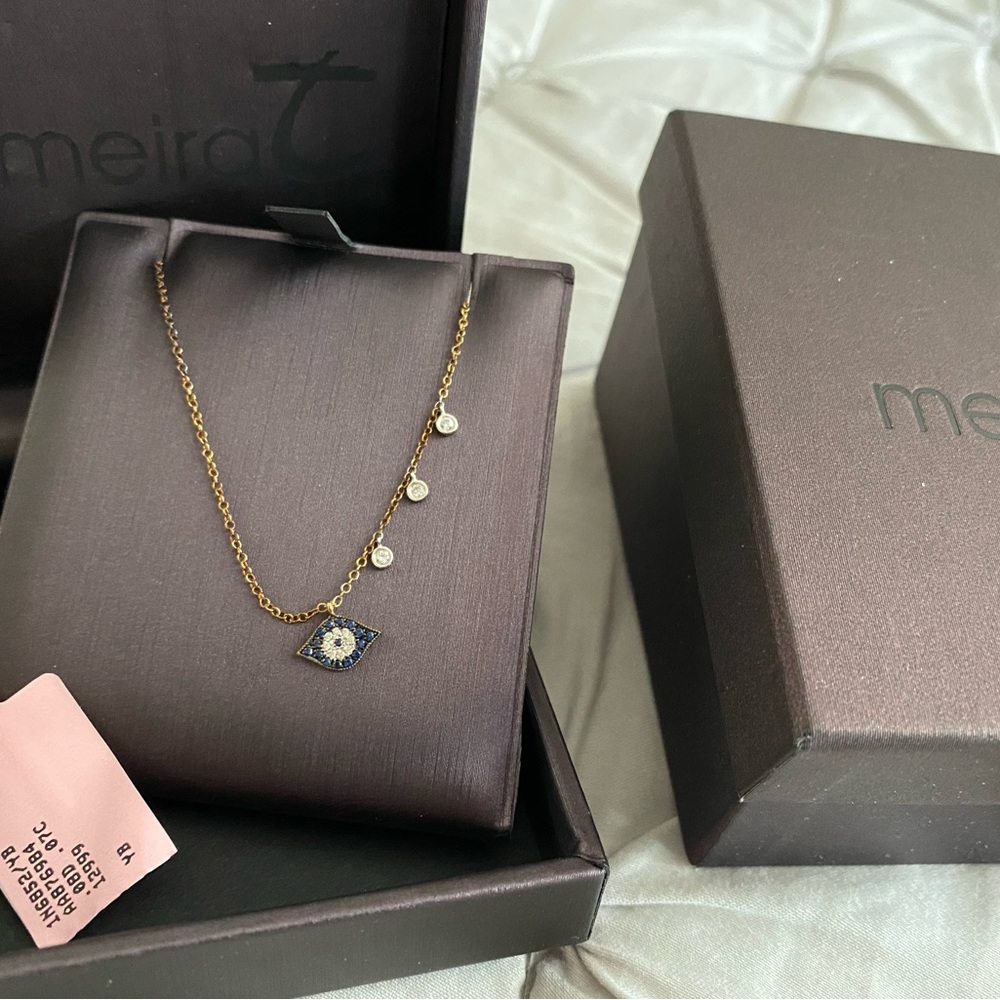 MEIRA T 14k SOLID ROSE GOLD DIAMOND EVIL EYE NECKLACE -NEW NEVER WORN